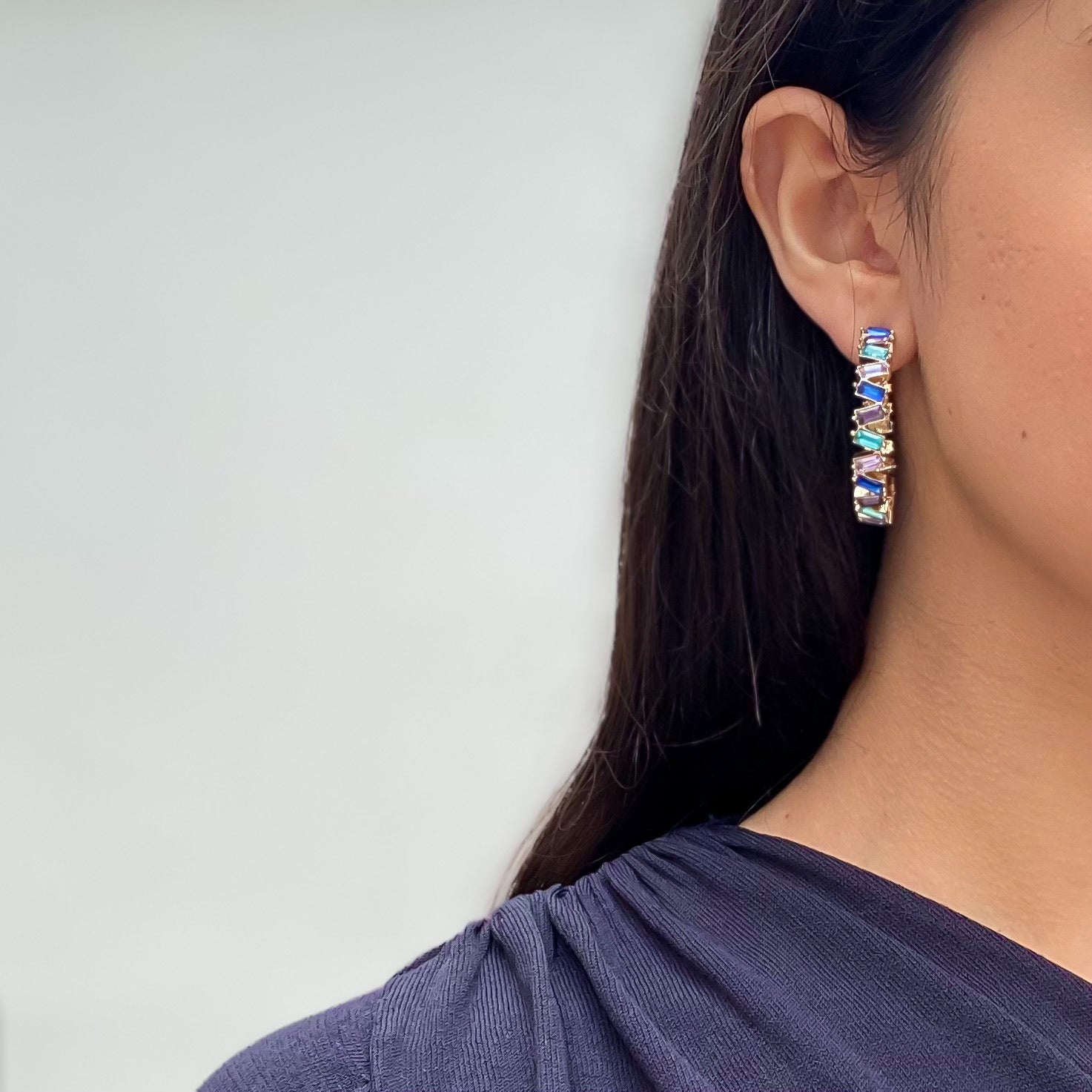 Blue Crystal Baguette Hoop Earrings